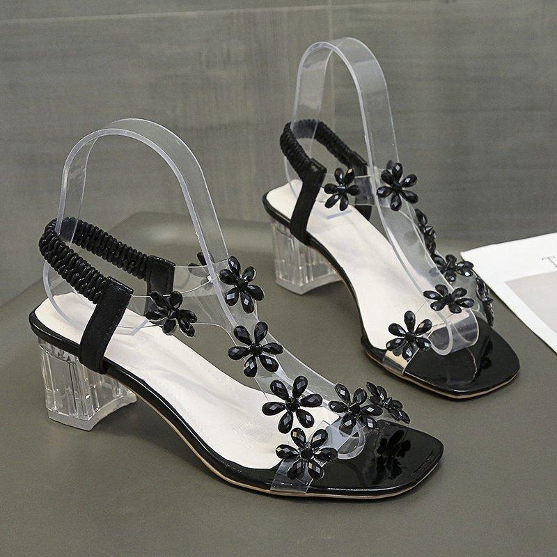 

Босоножки фея фея ветер 2025 лето новый римский эластичная лента стразы цветок прозрачный кристалл толстый высокий каблук сандалии 40 чёрный