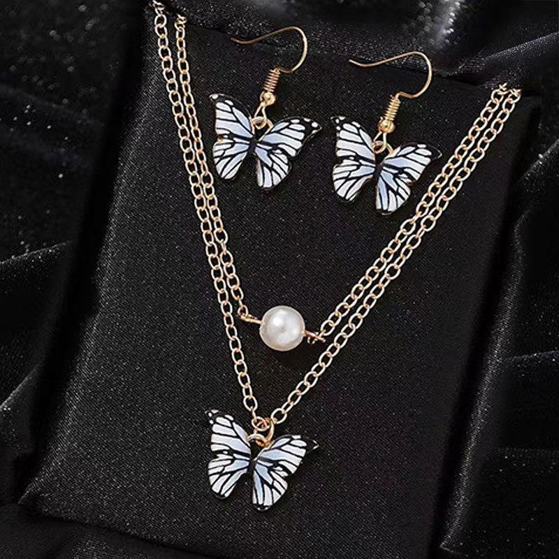 Multicolor Butterfly Necklace Earrings 3-Piece Set Sweet Versatile Butterfly Collarbone Chain Women'S Necklace Jewelry