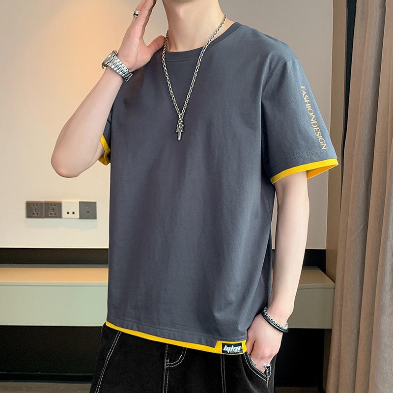 Men Contrast Trim Fake Two Piece Short Sleeve T Shirt Casual Loose Fit Summer Top