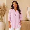 Ladies Daily Henley Style Knit Top, Long Sleeve Notch Neck Button Blouse, Curved Hem Side Buttons Loose Tunic for Street & Home Outfit