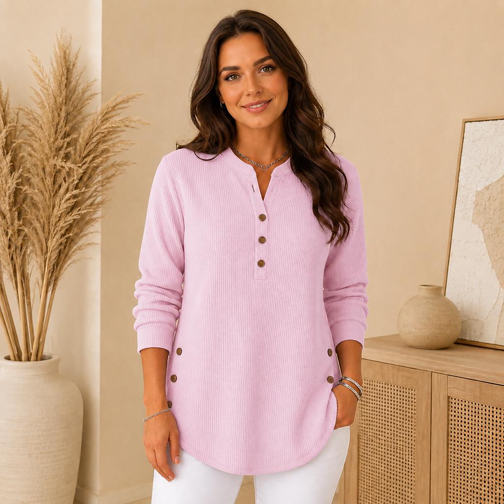 Ladies Daily Henley Style Knit Top, Long Sleeve Notch Neck Button Blouse, Curved Hem Side Buttons Loose Tunic for Street & Home Outfit