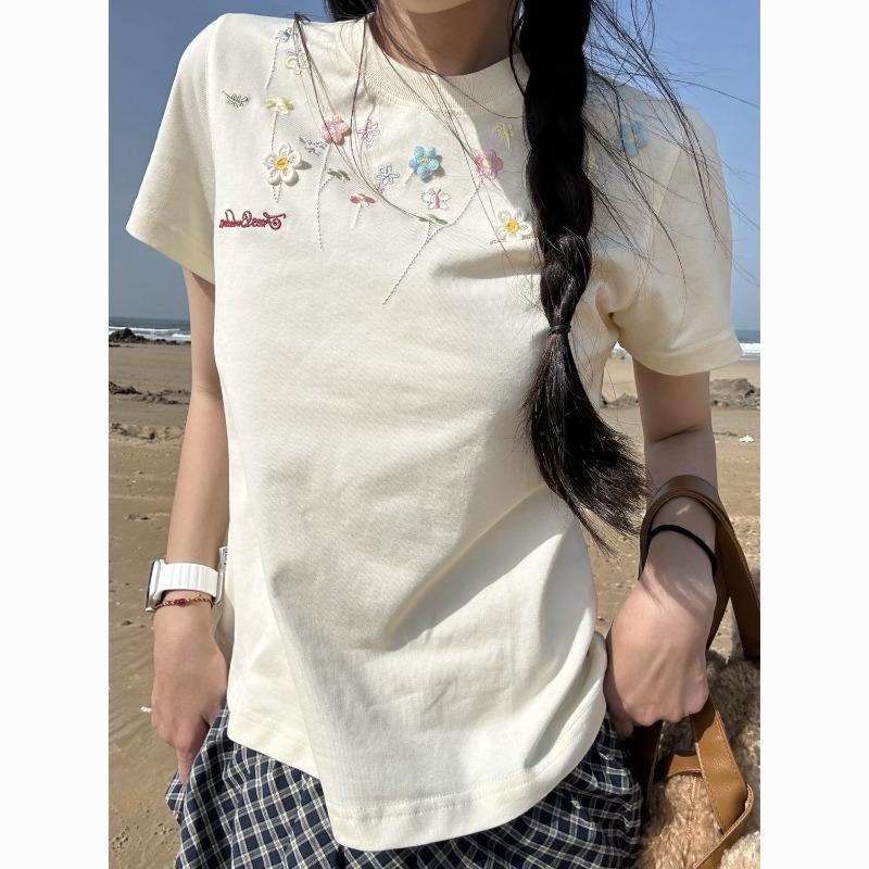 

Flower Embroidery Women s T-shirts Round Neck Casual Short Sleeved Korean Sweet and Versatile Ladies Clothing S