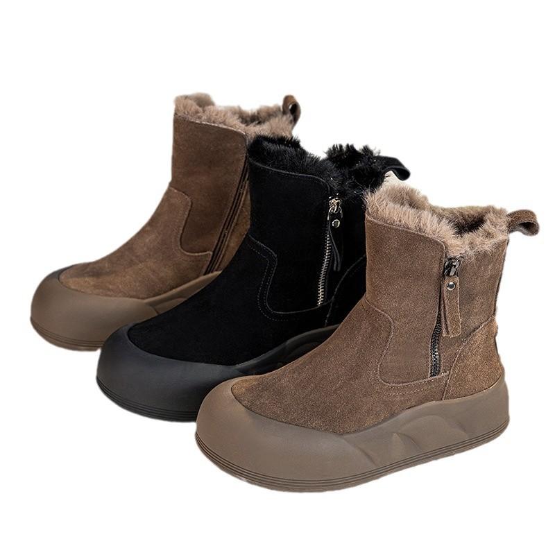 Botas de neve femininas plataforma grossa com zíper lateral, botas de inverno quentes de camurça com forro de pele sintética, botas de caminhada confortáveis e antiderrapantes para mulheres
