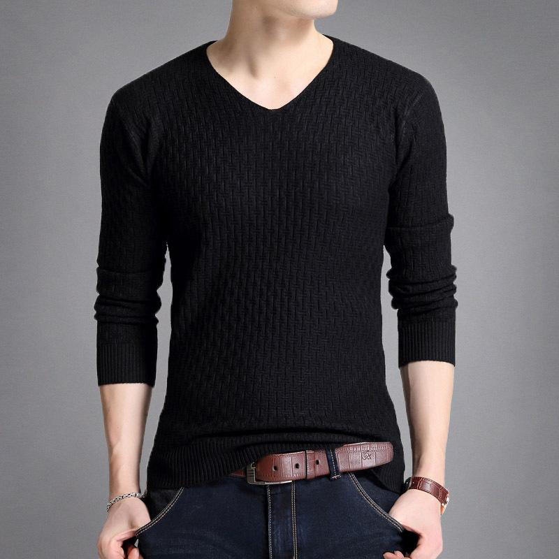 2025 Autumn New Solid Color V-Neck Pullover Men'S Knitted Sweater Slim Fit And Slimming Long Sleeved Sweater For Men