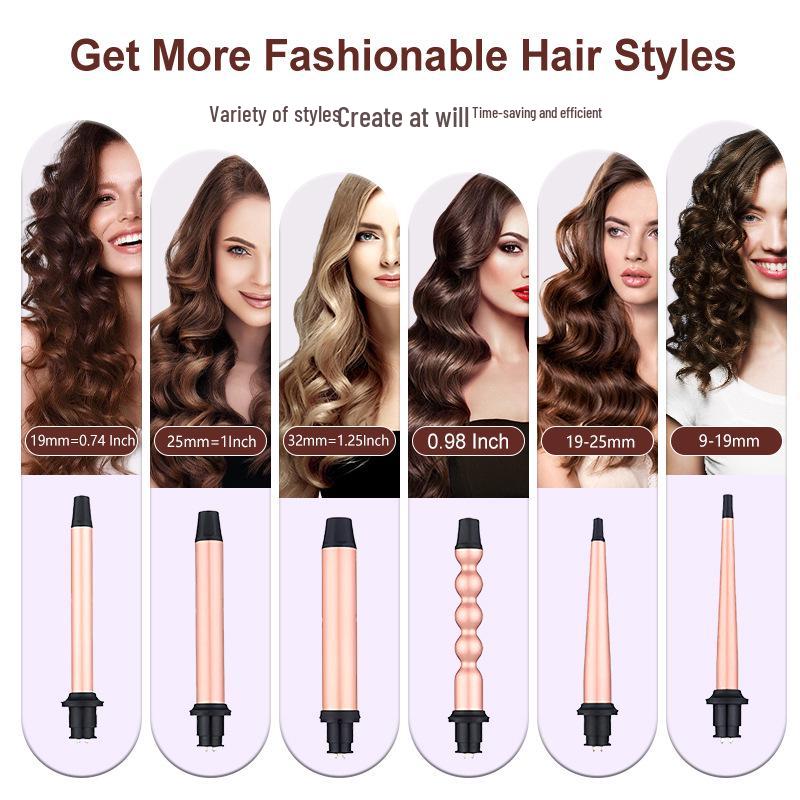Yamei 6-in-1 Ceramic Curling Iron Set: 25mm Water Wave & Gourd Barrel Interchangeable Heads.