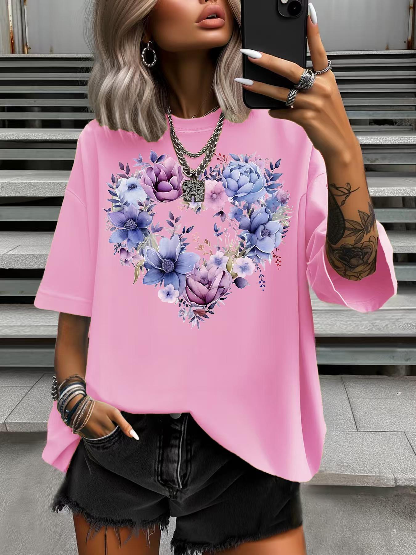 

Fashion Colorful Love Heart Printed Summer Women s Plus Size T-Shirt Women s Casual Crew Neck Short Sleeved Tops 3XL рожевий