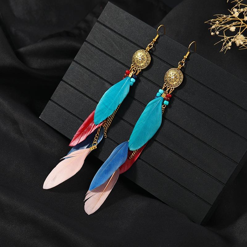 Retro Feather Fringed Earrings Women's Niche Personality Bohemian Blue Long Yunnan Travel Photography Earrings