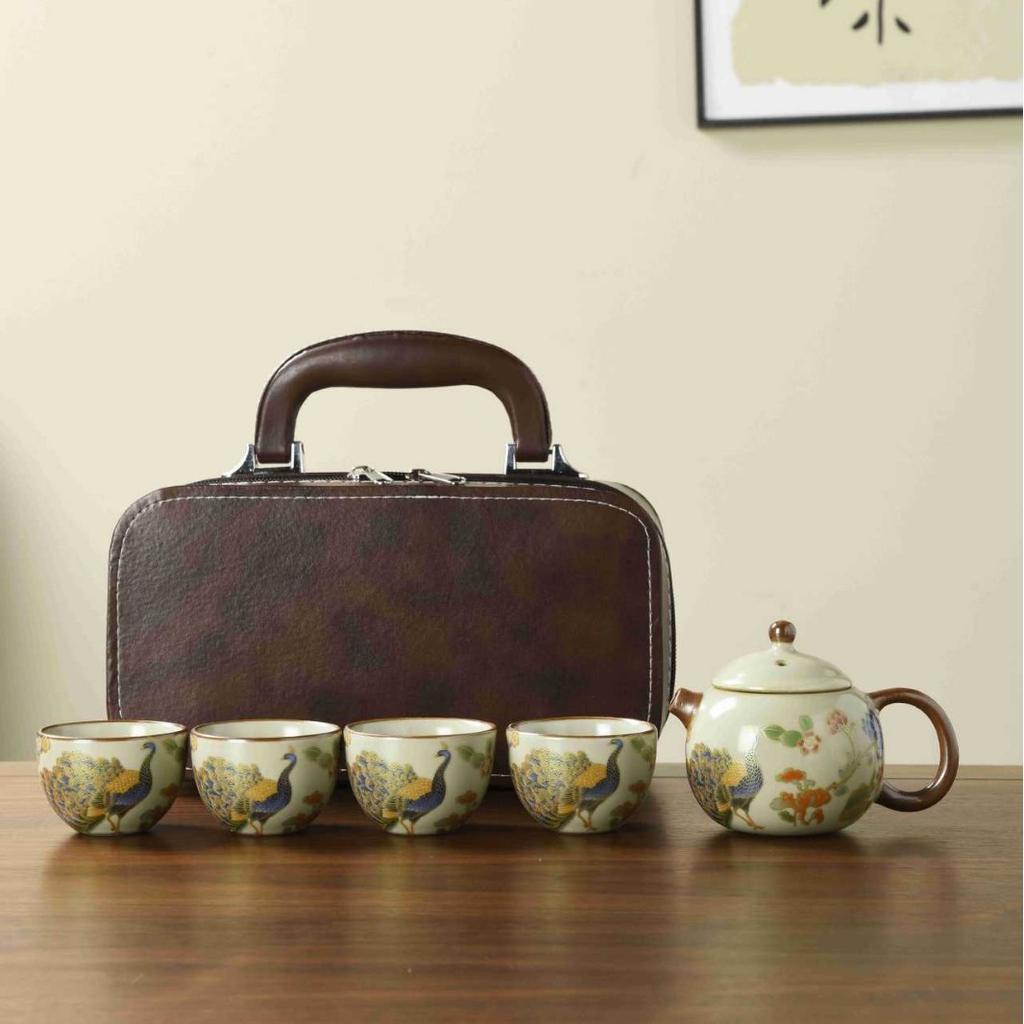Ru Kiln Travel Tea Set One Pot Four Cups Retro Kung Fu Tea Set Ceramic Teapot Tea Cup Portable Outdoor Teaware Sets Leather Bag