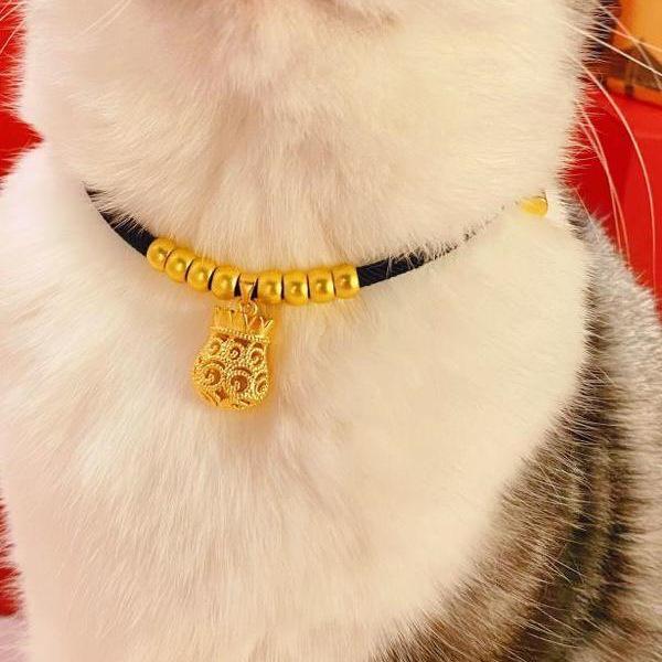 Gold Cat & Dog Collar with Ruyi Lock and Necklace Ornament - Adjustable Neck Warmer