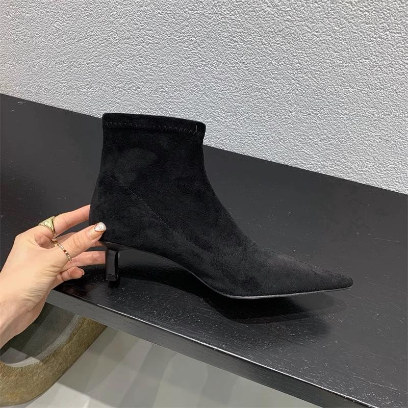 Autumn and Winter Soft-soled Elastic Thin Boots Pointed-toed Thin-heeled Boots Women's Short Boots Small Heel Versatile Black Suede Single Boots