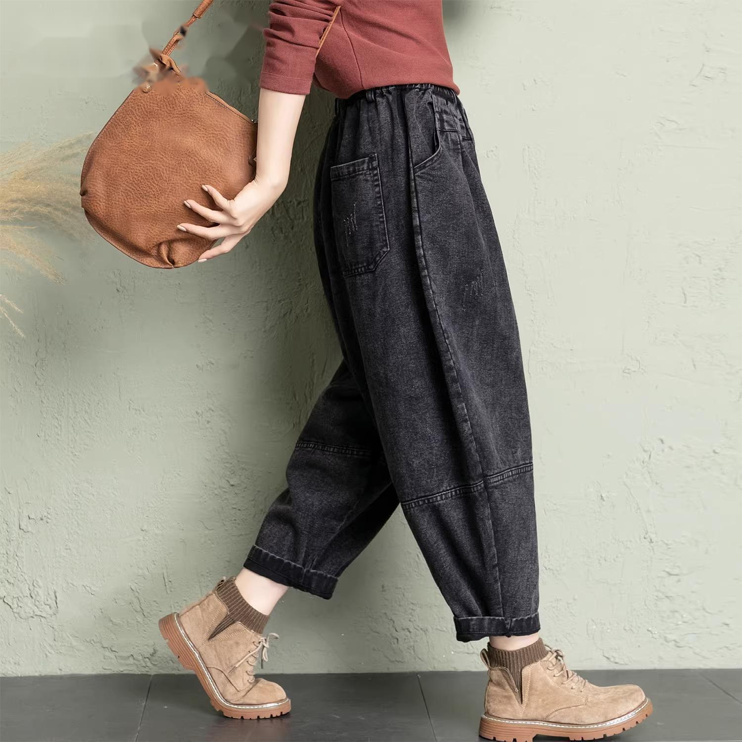 

Women s Plus Size Wide Leg Denim Carrot Pants - Autumn Loose Fit, Versatile Slimming Harem Style L (120-140 jin) чёрный