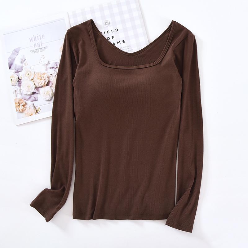 Women's Square Neck Long Sleeve Top with Built-in Bra Pads - Slim Fit for Early Autumn/Spring/Winter