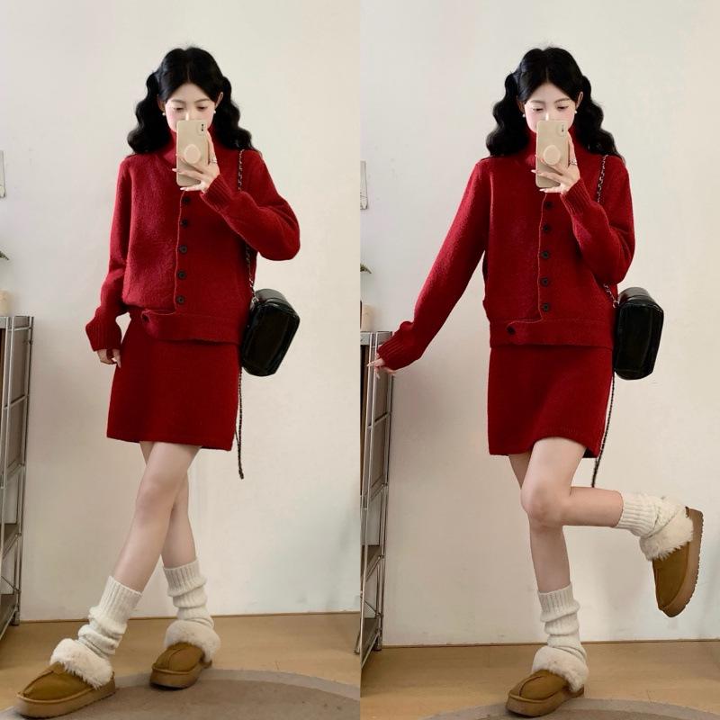 Women s Plus Size Red Knit Sweater & High-Waisted Slim Skirt Set XL красный