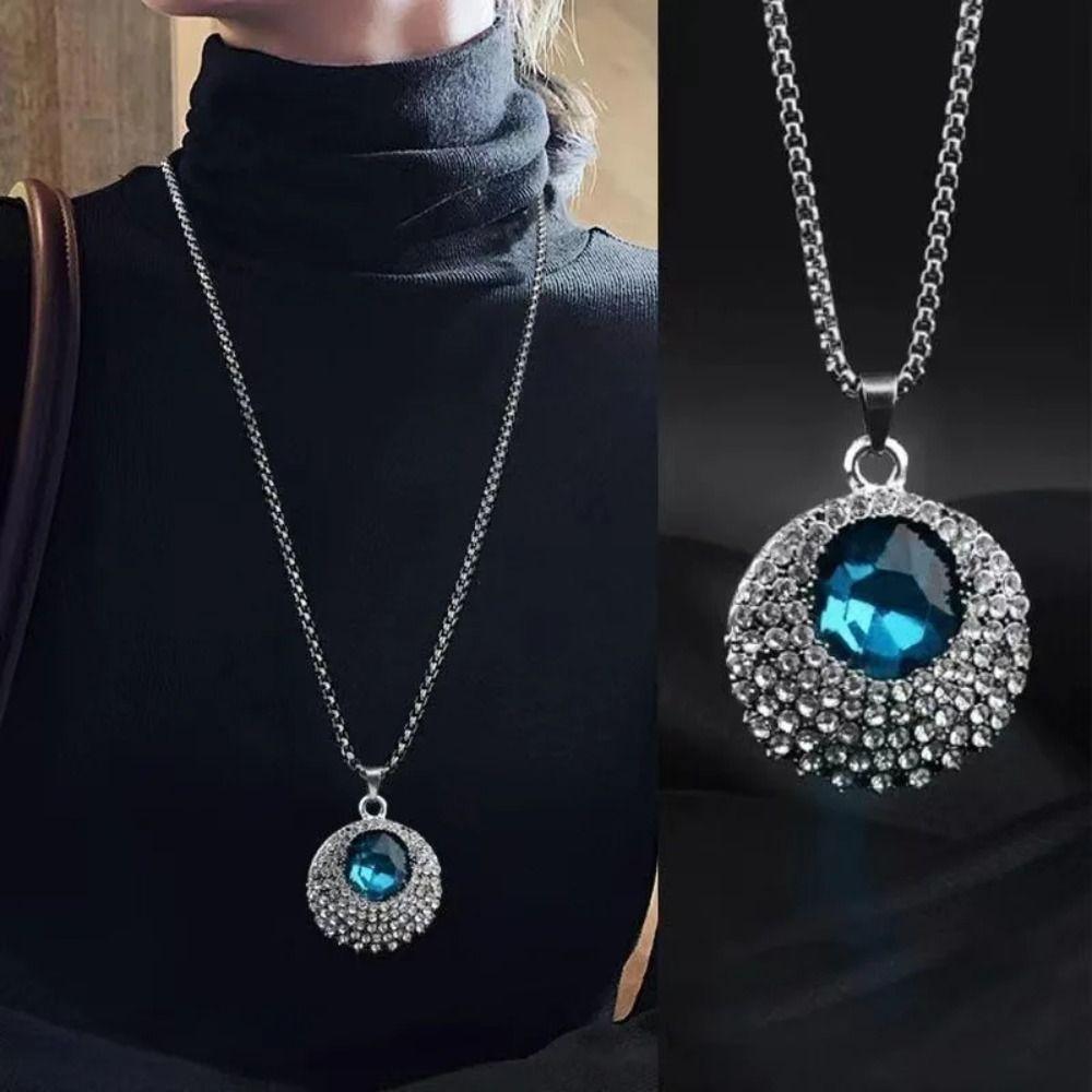 Luxury Blue Long Chain Necklace Minimalist Style Crystal Pendant Necklace  Gift Jewelry