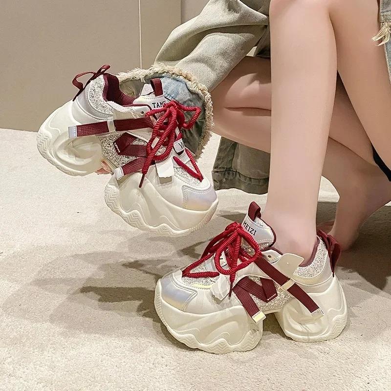 Fashion Women Autumn Spring Chunky Sneakers Thick Bottom Leather Shoes High Platform Vulcanize Shoes Bling Casual Sports Dad Shoes 8CM