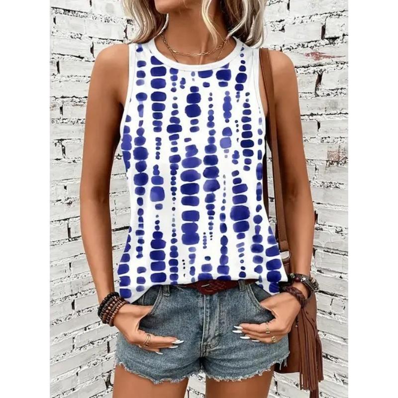 Damen Tanktop T-Shirt mit Print und gemusterten kurzen Ärmeln, ärmelloses Damen Rundhals-T-Shirt