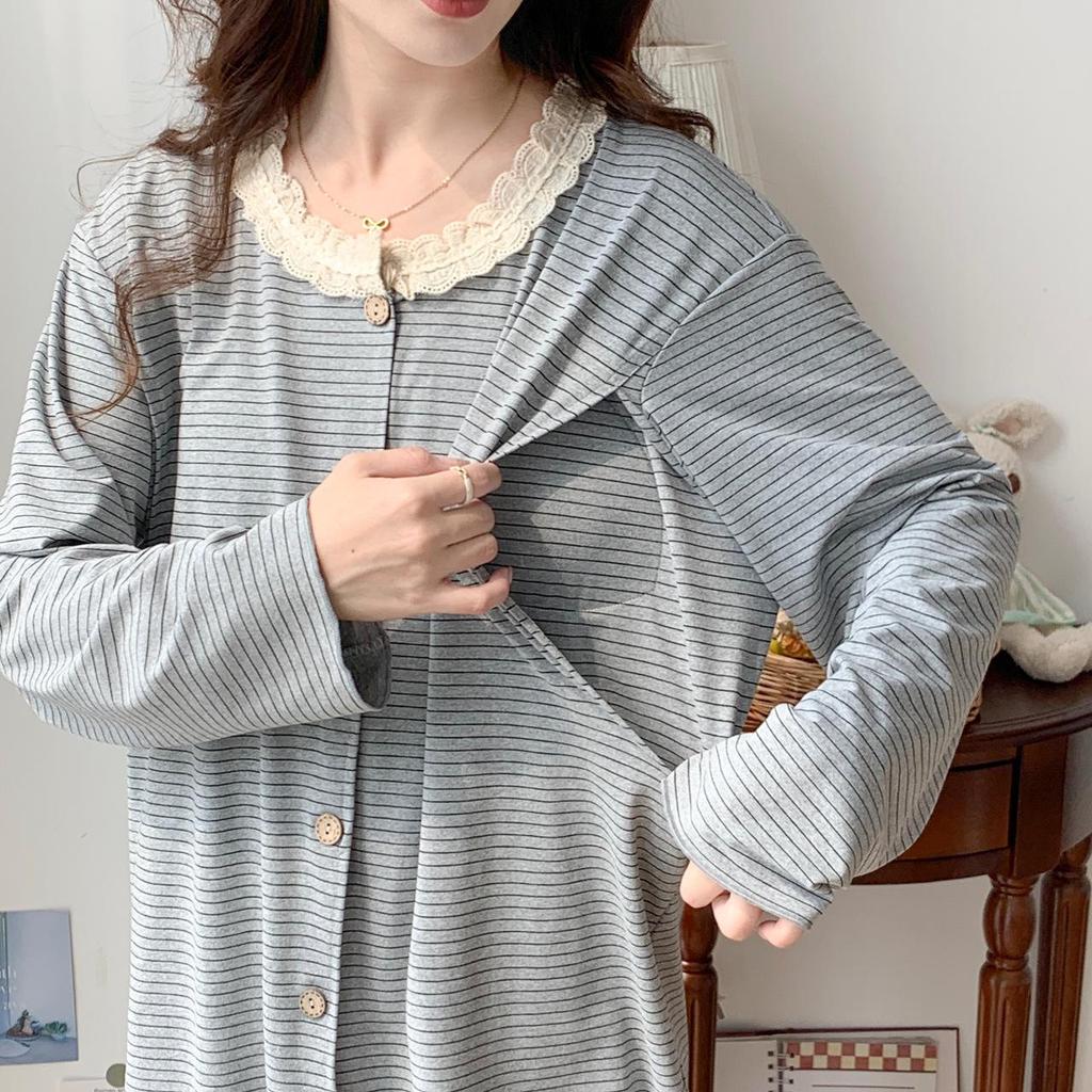 Maternity & Nursing Pajamas Set with Breast Pads for Spring & Autumn – Plus Size