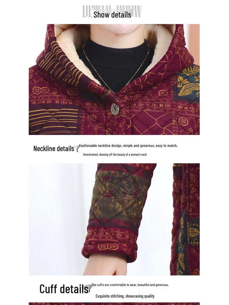 Mid-length Hooded Plus-Size Velvet Thickened Winter Coat for Middle-aged and Elderly Women