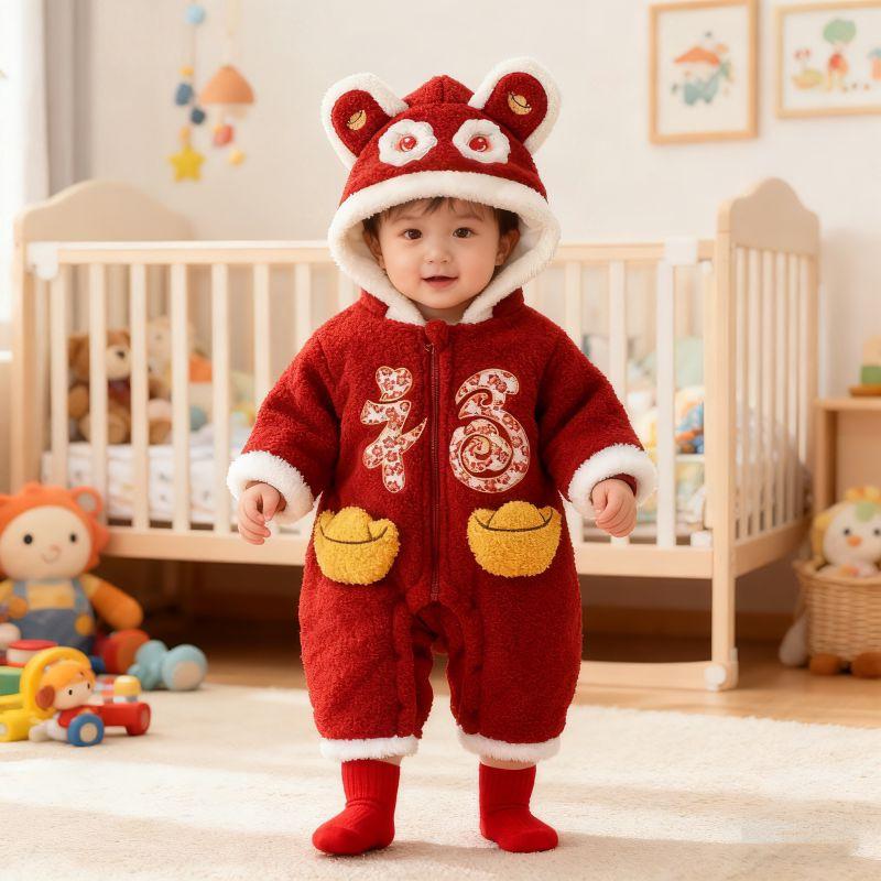 New Year Greeting Outfit for Baby Boys, Red New Year Clothes, Winter Thickened One-Year-Old Boy's Birthday Outfit, One-Piece Romper