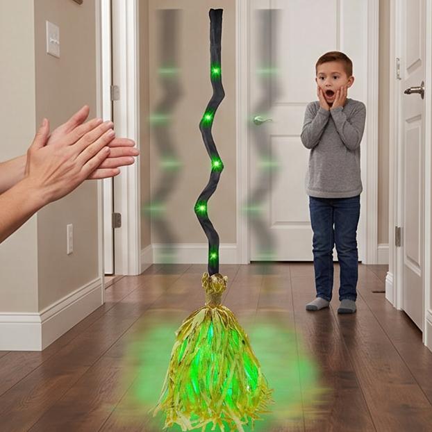 DR.DUDU 35 Animated Witch Broom Halloween Decoration with Sound Touch Activated Walking Broomstick with Green LED Light Spooky Dancing Magic