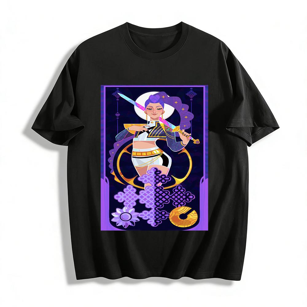 

Cyber Chinese Style Purple-haired Sword Girl Print Top Trendy Cool Loose Casual Versatile T-shirt Pure cotton T-shirt XXS