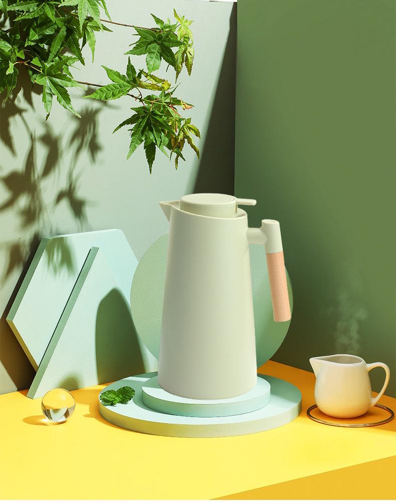 Nordic Thermos Pot with Wooden Handle & Glass Liner, Large-Capacity Hot Water/Coffee Kettle, Printable Design Gift.