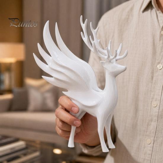 Modern Animal Art Decor Christmas Elk Statue with Wings, 3D Printed Reindeer Figurine, Antler Deer Standing Sculpture for Dining Table, Fireplace,