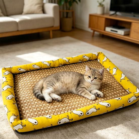 Pet Cooling Mat Summer Cooling Dog Bed Mat Washable Cooling Rattan Mat with Raised Edge Non-slip Bottom for Cats And Dogs
