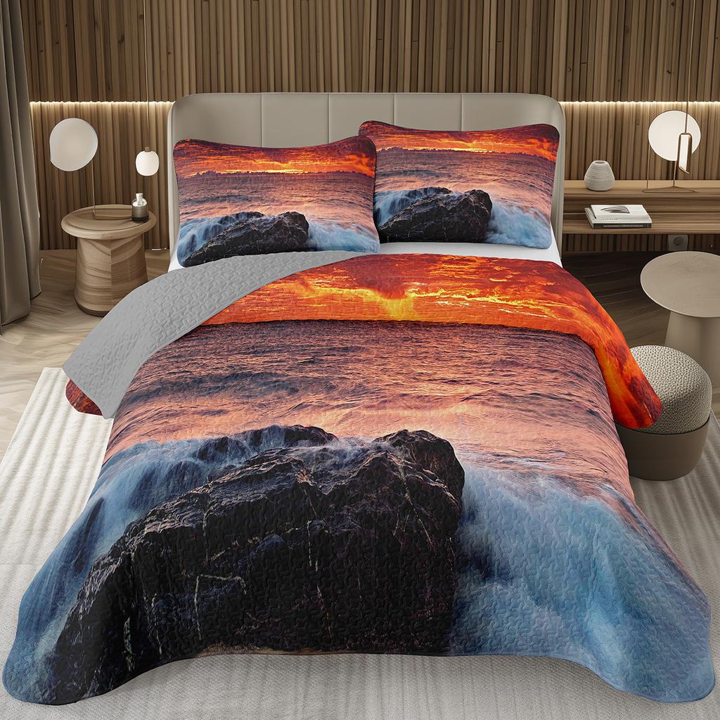 Sunset Scenery Bedspread Queen/Full Natural Landscape Quilted Coverlet 2/3Pcs Reversible Grey Bedding Set for Boy Girl Room Dorm