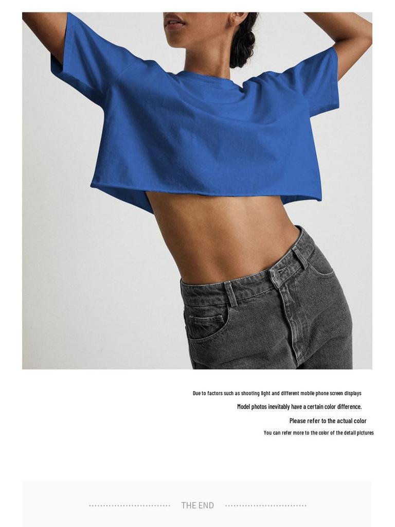 Sportliches Damen-Crop-Top mit Rundhalsausschnitt aus Baumwolle - Sommerstil, Kurze Ärmel, 180g Reine Baumwolle, Hot Girl Trend