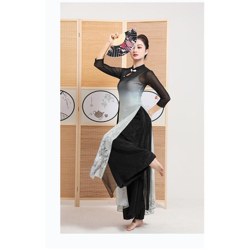 Set da Ballo Classico Cinese da Donna con Collo Qipao, Tunica Trasparente Sfumata con Stampa a Inchiostro e Pantaloni a Gamba Larga per Performance