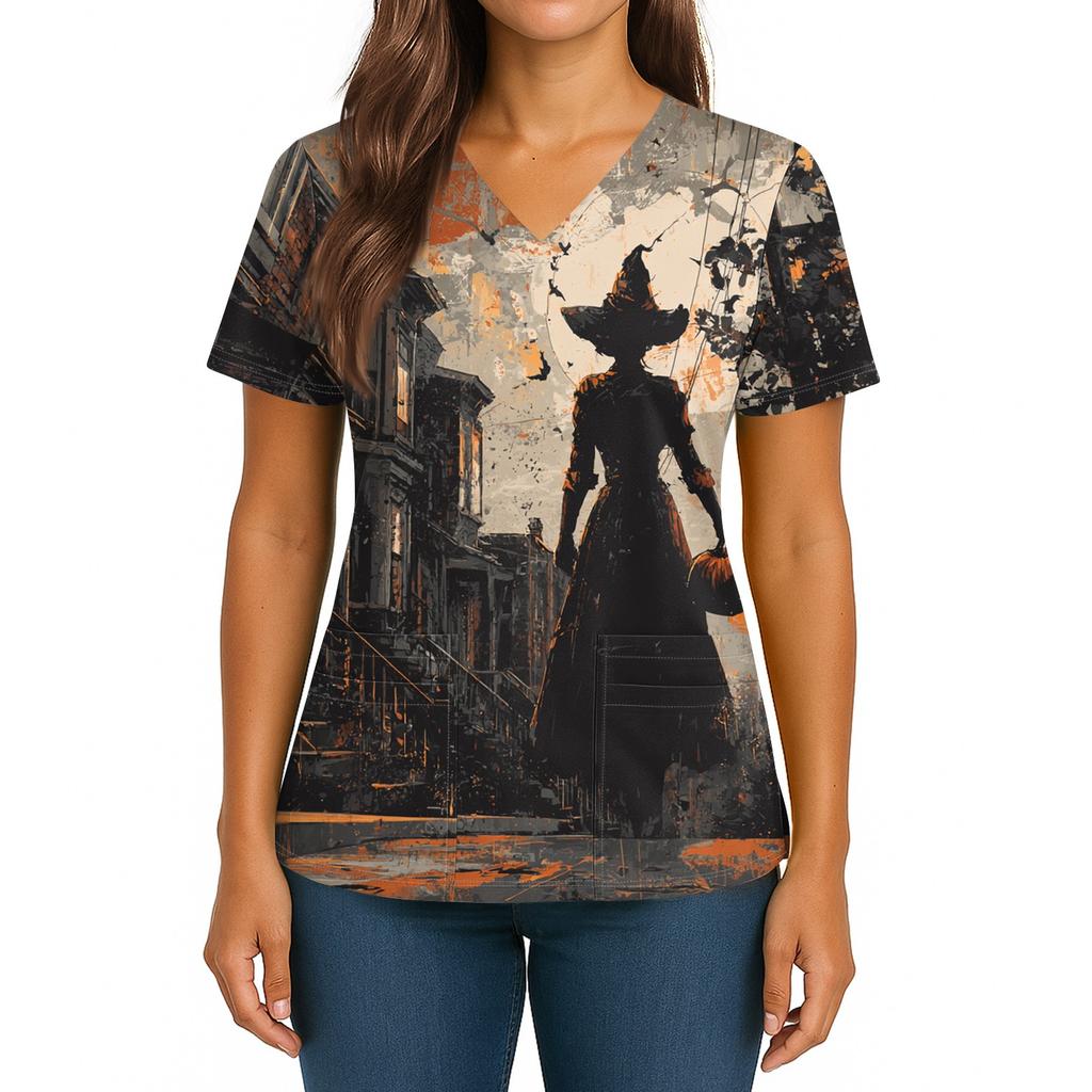 Women's Halloween Printed V-Neck Double Pocket Short Sleeves Hem Slit Uniform Caregiver Top