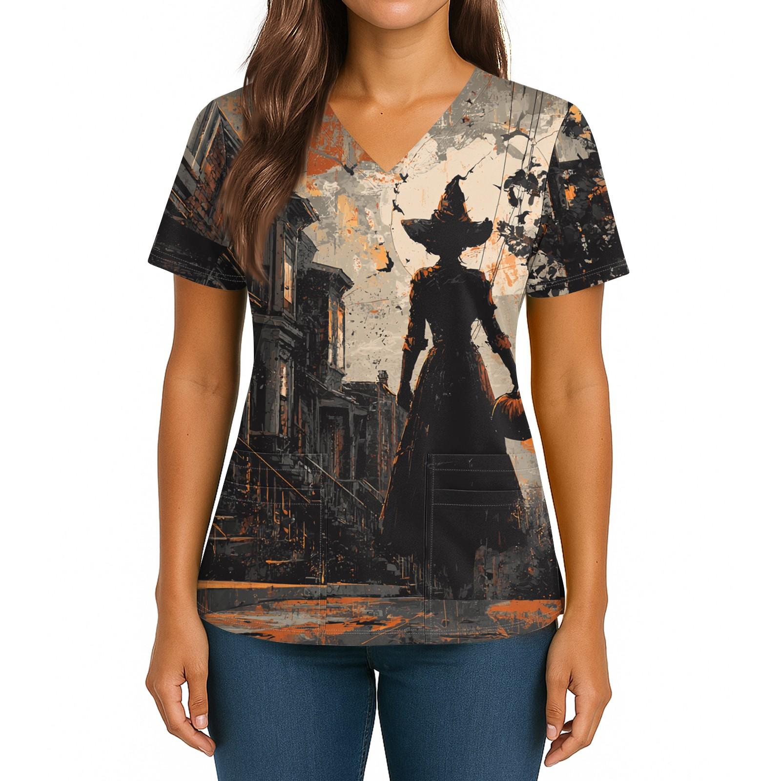 

Женский Хэллоуинский Принт V-образный вырез Двойной карман Короткий рукав Разрез по подолу Топ для униформы/сиделки XXXXXL хаки