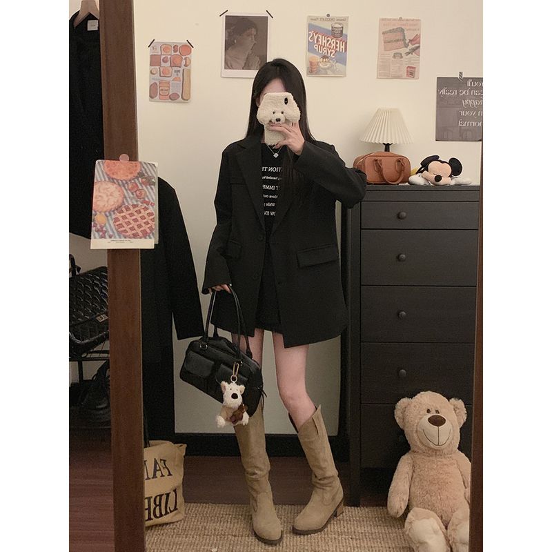 

Kumikumi High Sense Solid Lapel Long sleeve Blazers Women Autumn Elegant All-Match Loose Slimming Top Black 2XL