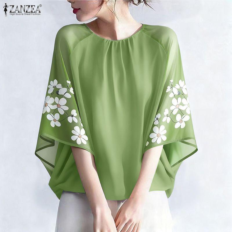 ZANZEA Women Casual Round Neck Loose Mesh Splice 3/4 Sleeve Blouse