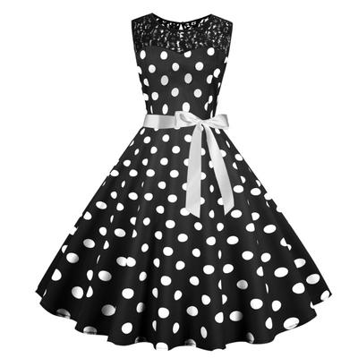 Summer Vintage Lace Crew Neck Sleeveless Splicing Polka Dot Dress Big Swing Skirt Black Lace Up Waist