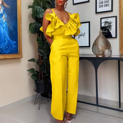 European and American Style Fashionable Casual Women's Summer V-neck Ruffled Camisole Top, High Waisted Pants Set