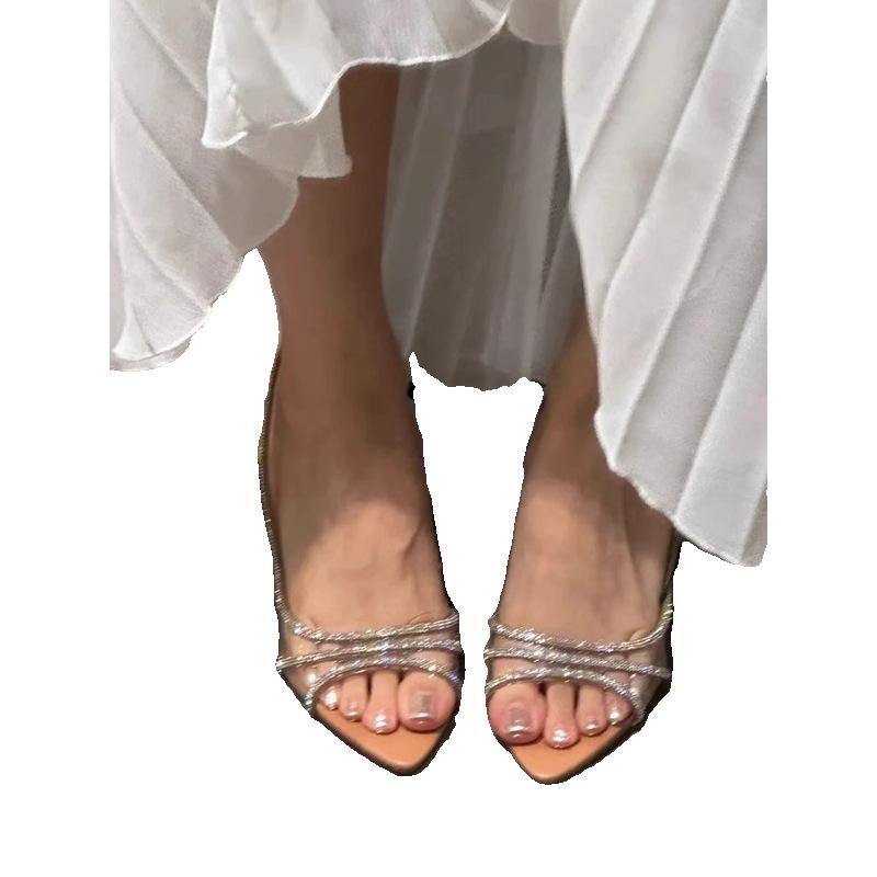 New Rhinestone Thin Heel Sexy Sandals Natural Color Bright Inlaid High Heels Thin Heel Sandals Transparent Pointed Shoes Women