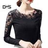 Dameoverdeler Rundhals Langermet Mesh Blonder Broderi Pullover Topper Ensfarget Slim Fit Bluse Daglig slitasje