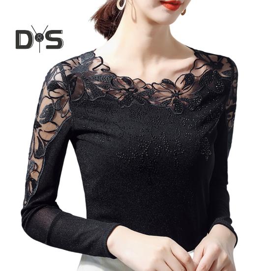 Dameoverdeler Rundhals Langermet Mesh Blonder Broderi Pullover Topper Ensfarget Slim Fit Bluse Daglig slitasje