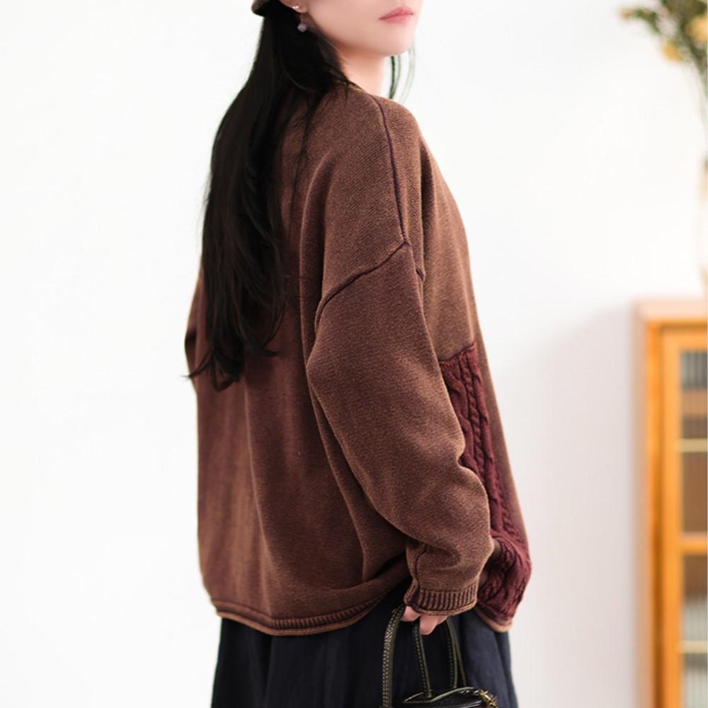 Johnature Women Vintage Winter Sweaters O-Neck Long Sleeve Patchwork Color Button Knitted Female Sweaters