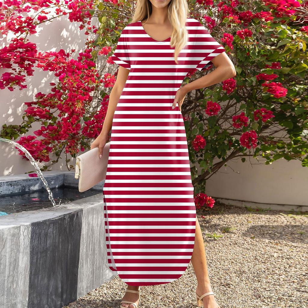 Dámske letné ležérne plážové maxi dlhé šaty s voľným výstrihom do V, krátkym rukávom Trendy outfity