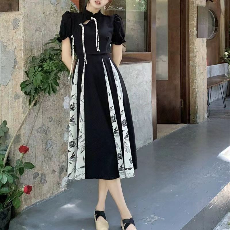Summer large size new Chinese retro improved cheongsam skirt fat mm black and white contrasting colors gentle national style temperament dress