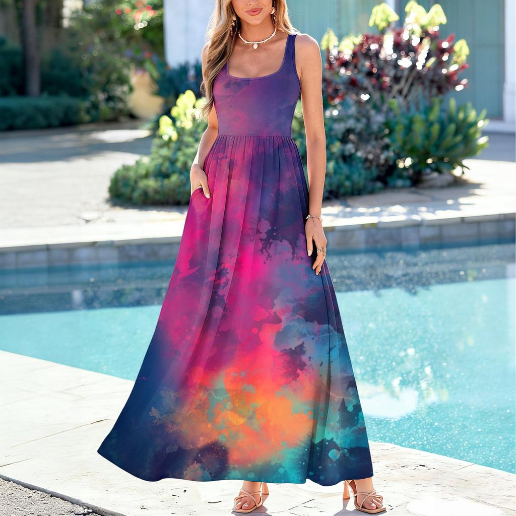 Ladies' Cross Printed Summer Casual and Fashionable Sleeveless Long Dress