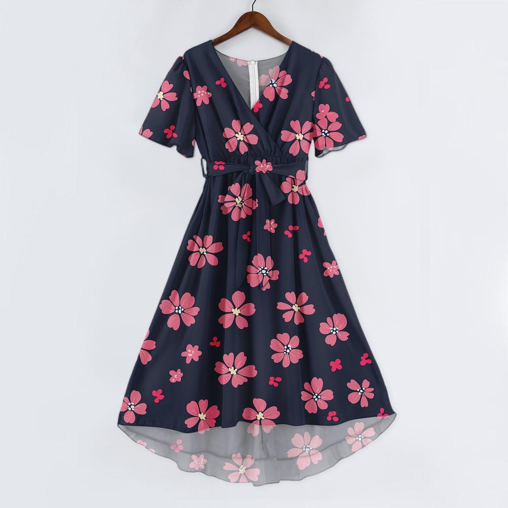 Kadın Moda Günlük V Yaka Kısa Kollu Fırfırlı Vintage Baskılı Elbiseler