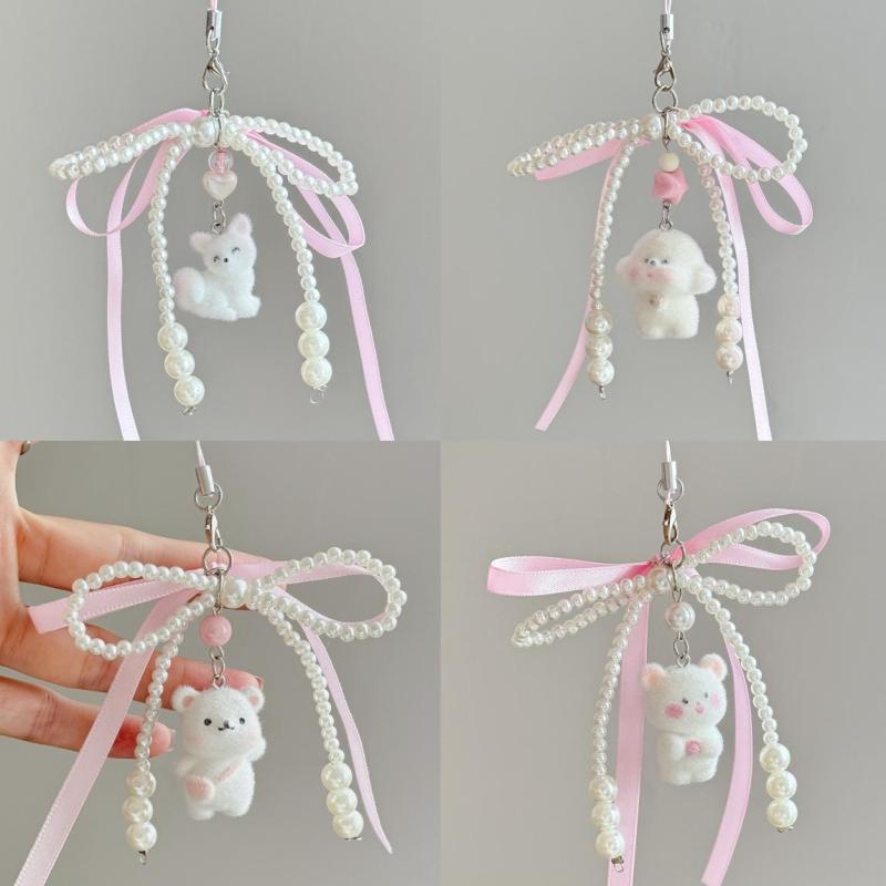 Pearl Bow Plucked Cat Bear Mushroom Backpack Key Ring Pendant Bag Y2K Delicate Beaded Bag Charm Chain Bag Strap Cute Accessory