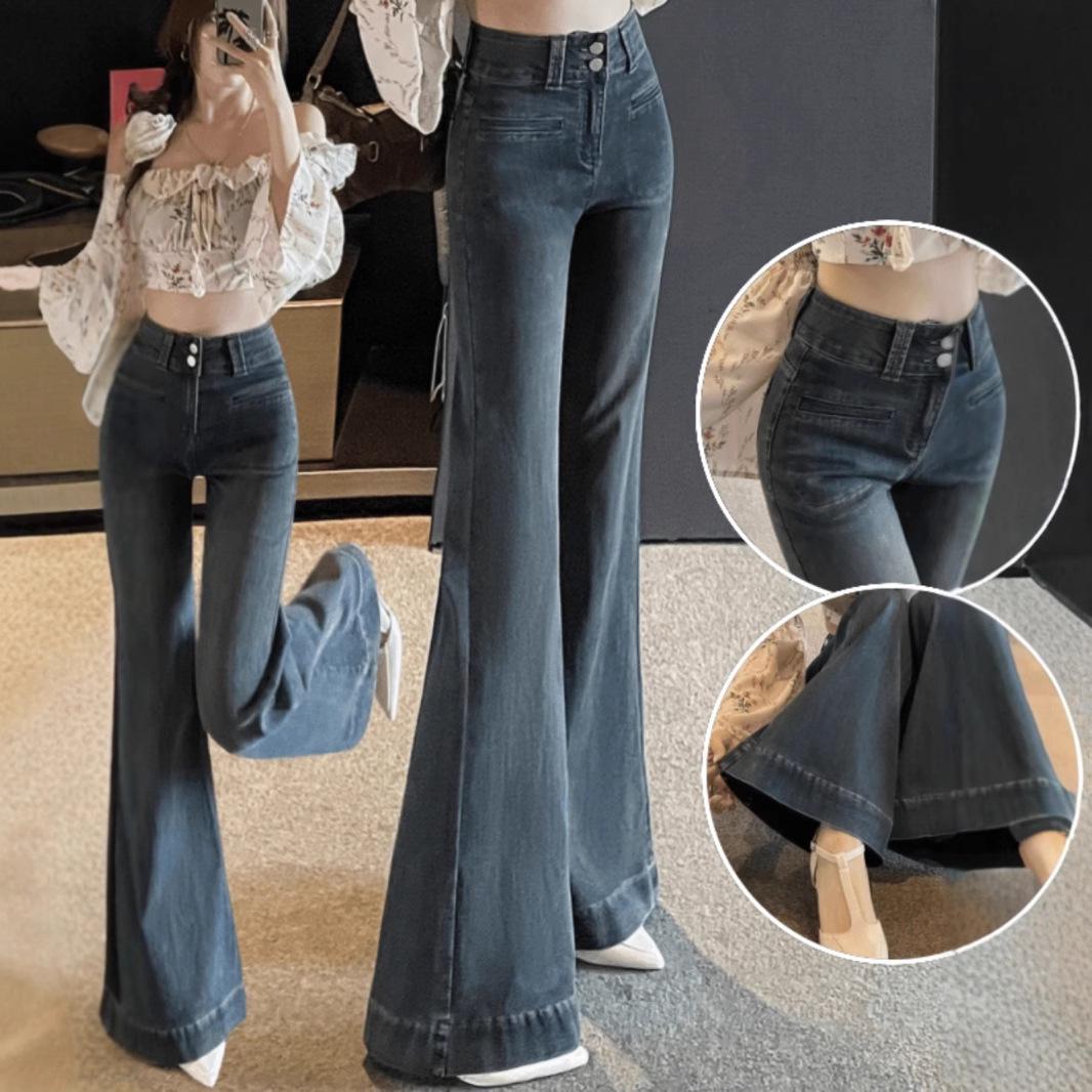 

Women s Cement Grey Wide-Leg Micro-Flare Jeans - 2025 Summer Slimming Elastic Flared Pants 4XL