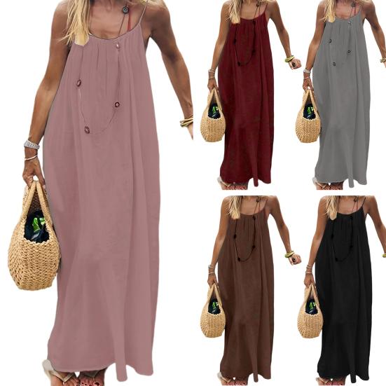 Summer Backless Cami Dress for Women Flowy Beach Vacation Maxi Sundress Spaghetti Strap Loose Lounge Dress