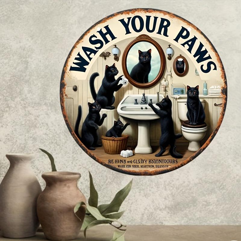Vintage Black Cat Aluminum Sign - 8"x8" Round Metal Wall Decor for Bathrooms, Garages, Home Bars, Man Caves and Outdoor Spaces