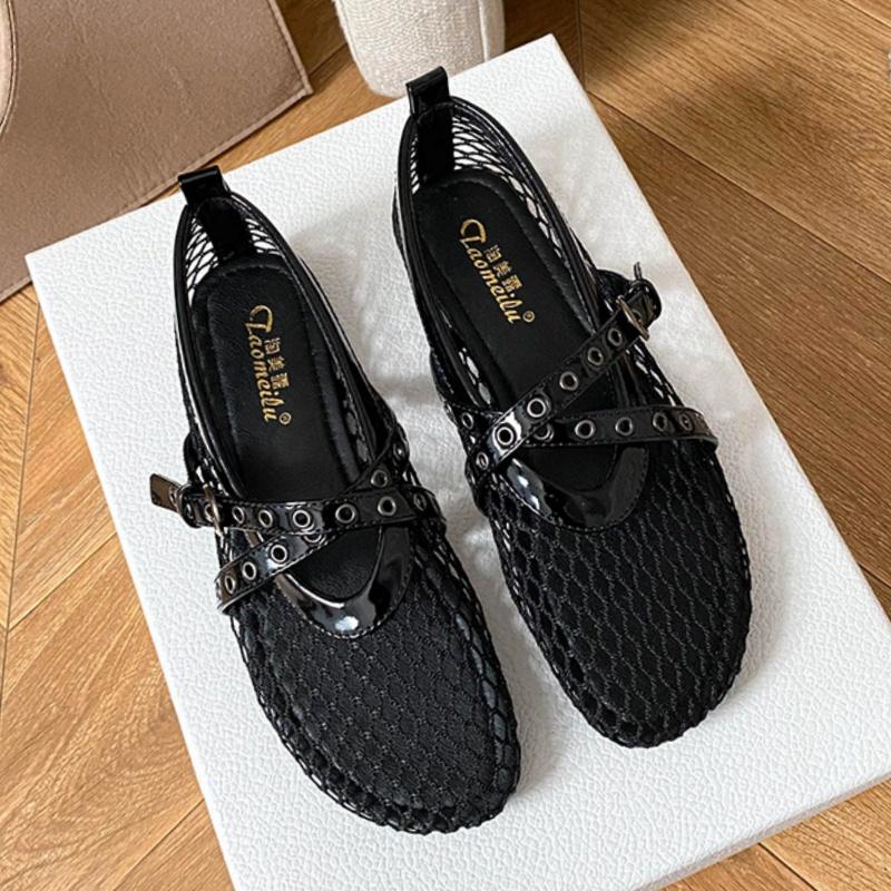 Mode Ny Mode Enfärgad Nätmaterial Flatsandaler 2025 Sommar Rund Tå Ihålig Låga Klackar Bekväma Damsandaler Vardagsskor
